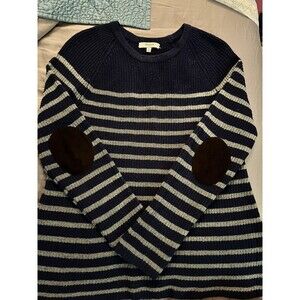 Madewell Elbow Leather Patch Stadium Sweater Blue Stripe Merino Wool Size M